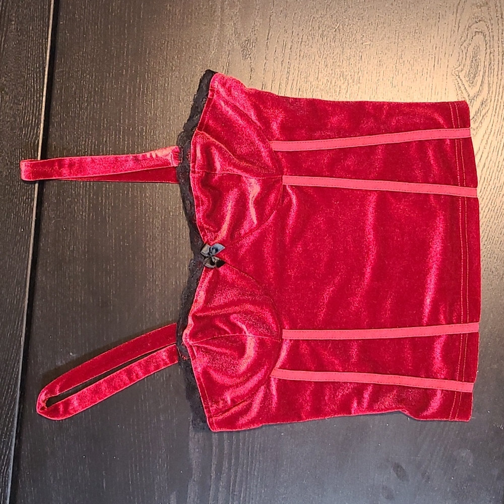 *free with bundles of 3 or more items* red velvet crop top with black lace trim.